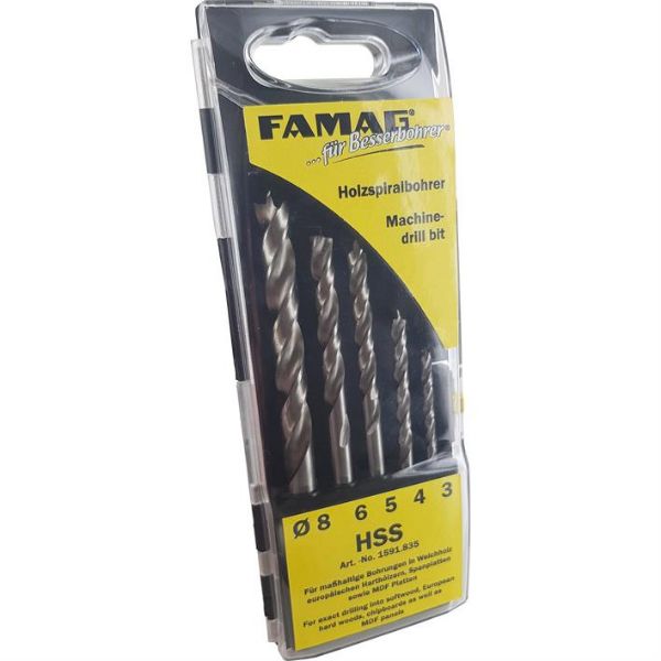 Billede af Famag træ dybelborsæt HSS 5-dele Ø 3, 4, 5, 6, 8 mm